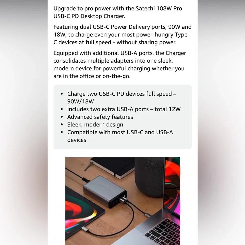 Satechi 108W Pro USB-C PD Desktop Charger compatible with Macs